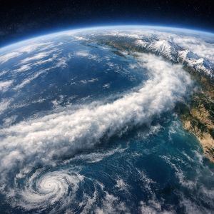 Atmospheric river transporting large amounts of moisture through the atmosphere toward land.