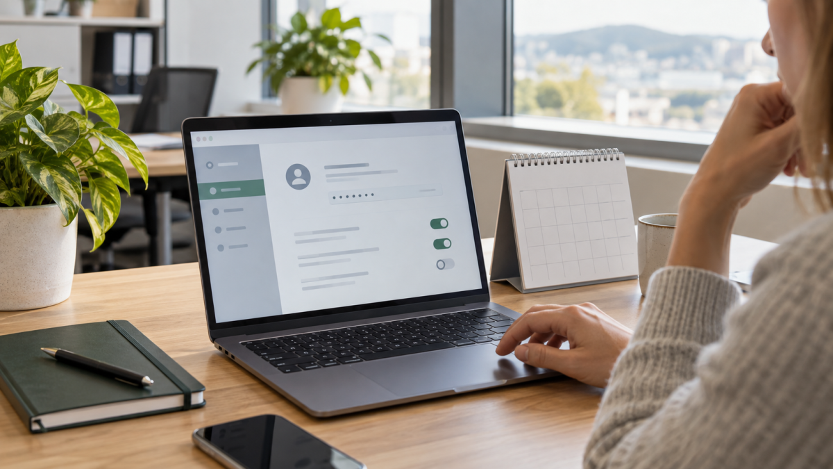 Person vurderer innloggingsinnstillinger på laptop ved siden av en kalender.