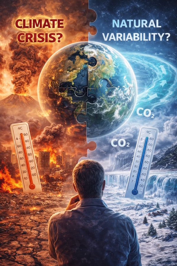 Split illustration showing Earth divided between extreme heat and freezing cold, symbolizing the debate between climate crisis and natural climate variability, with CO₂ references and atmospheric dynamics in the background.