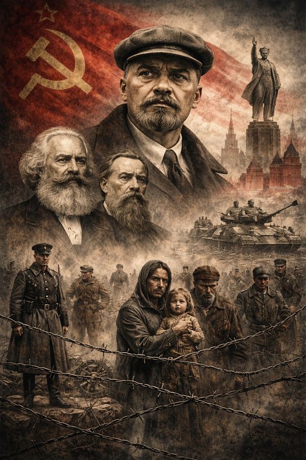 Dramatic historical collage depicting Lenin, Marx, and Engels against a Soviet flag, with Red Square, soldiers, barbed wire, and civilians symbolizing the legacy of communism and centralized power.