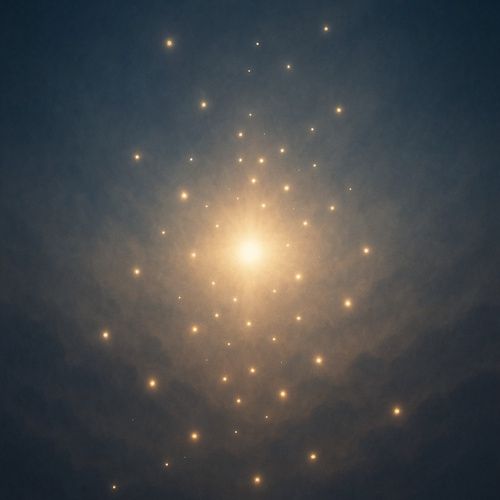 A bright light in the sky symbolizing God, with many smaller lights around it moving toward the center at different speeds.