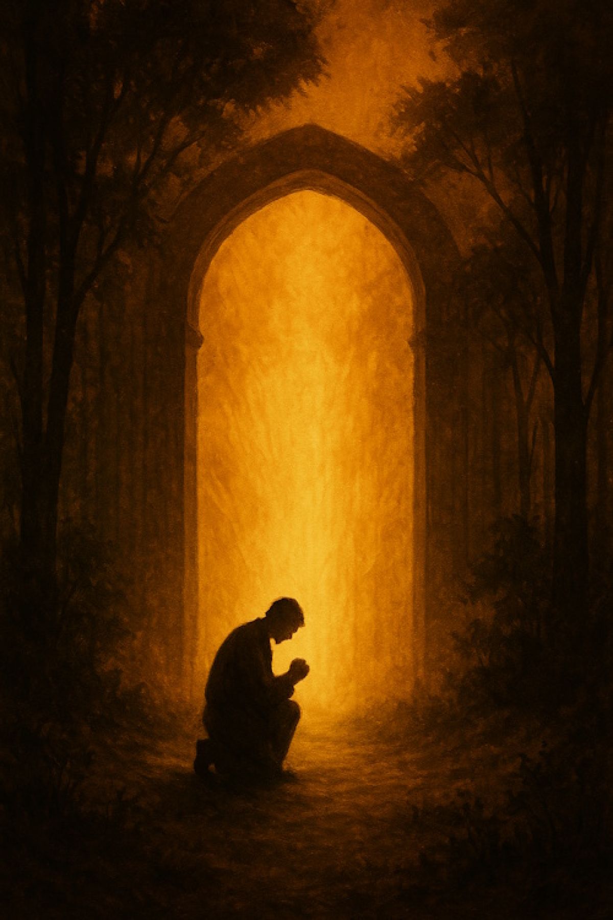 A silhouette of a kneeling figure in prayer before a glowing golden gateway in a forest.