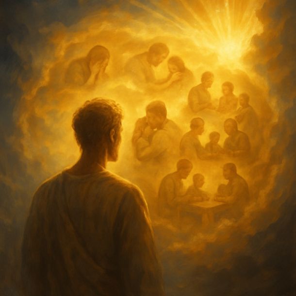 A luminous figure watching moments of their life unfold in golden light.