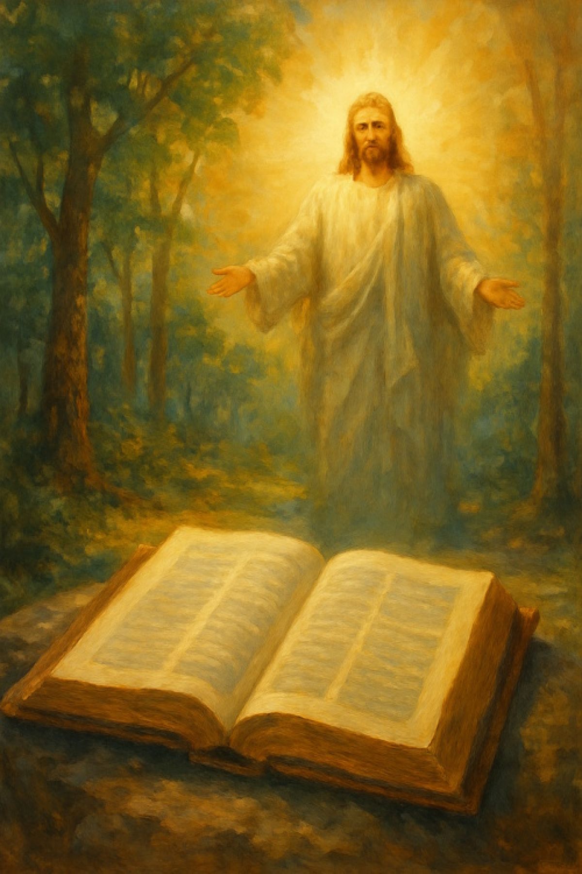 Painting of Jesus bathed in golden light emerging from a forest, with an open Bible glowing in the foreground.