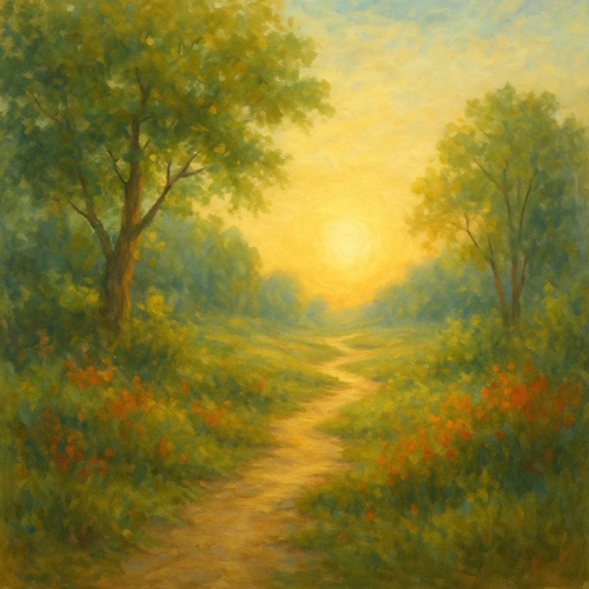 A peaceful path winding through a green landscape toward a glowing sun.