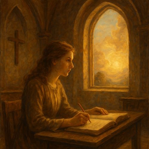 Ung kvinne som skriver i en bok ved et vindu, badet i gyllent lys.
