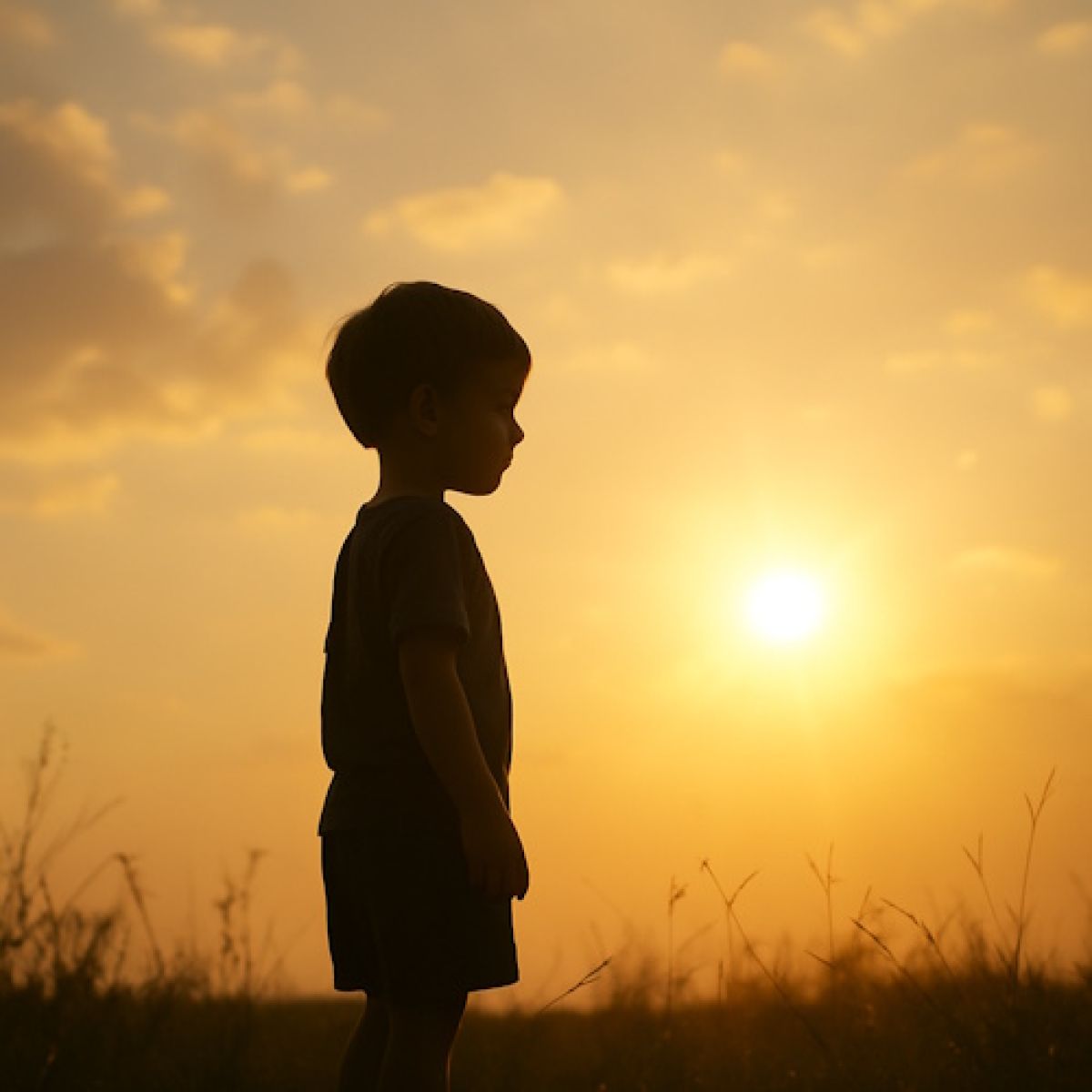 Silhouette of a young child at sunset, standing peacefully with the sun glowing in the background.