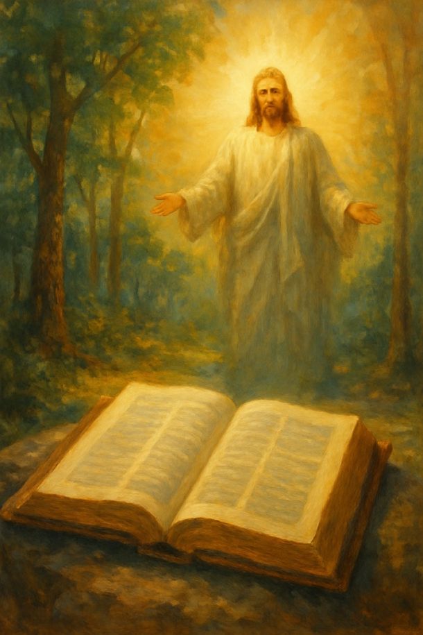 Painting of Jesus bathed in golden light emerging from a forest, with an open Bible glowing in the foreground.