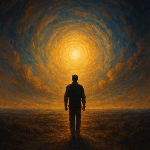 A lone figure walking toward a glowing golden light in a swirling sky.