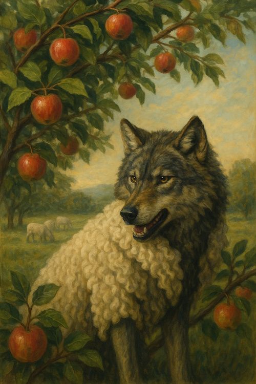Wolf in sheep’s clothing standing under an apple tree with red fruits, sheep grazing in the background.
