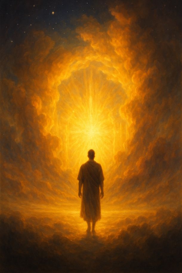 Silhuett foran strålende gyllent lys som åpner seg som en port til himmelen.