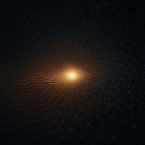 A glowing point of light emerges from a structured quantum field, surrounded by chaotic waves and superpositions – symbolizing God as the conscious observer in quantum physics.