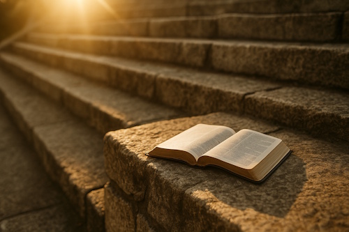 Open Bible illuminated by sunlight on stone steps.