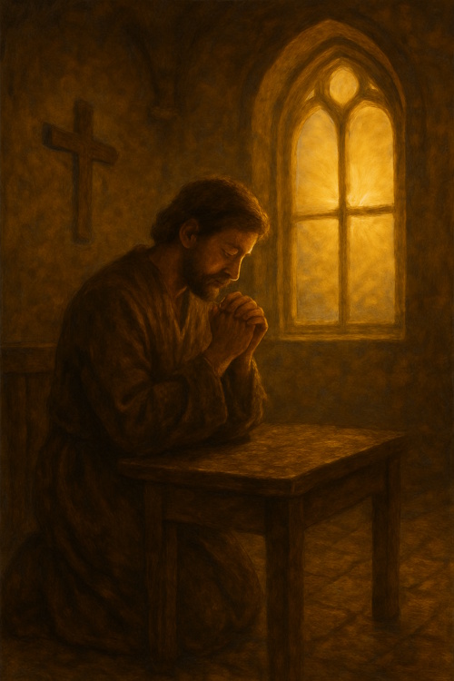 Mann i enkel drakt kneler i bønn foran et vindu med gyllent lys.