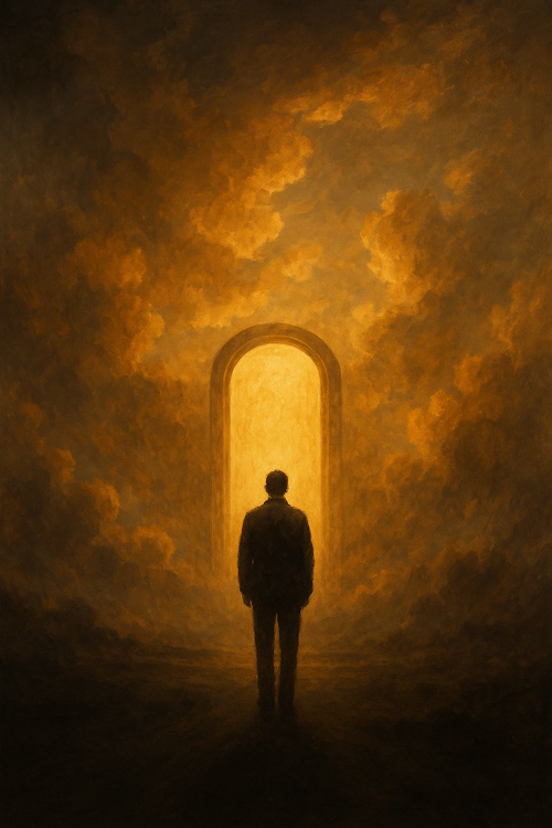 A lone figure standing before a radiant arched doorway surrounded by glowing clouds.