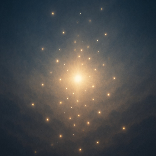 A bright light in the sky symbolizing God, with many smaller lights around it moving toward the center at different speeds.