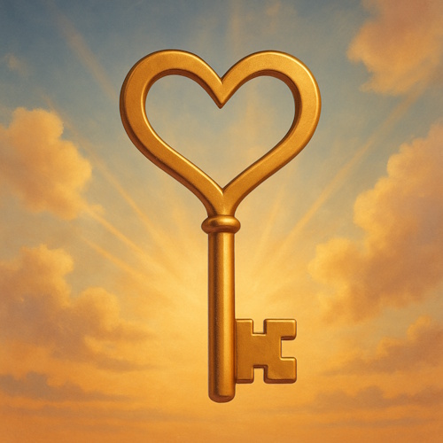 Gylden nøkkel formet som et hjerte mot en himmel med solstråler.