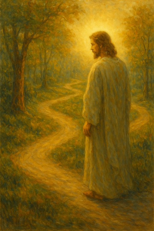 Oil painting of Jesus standing at a crossroads in a glowing forest, symbolizing free will and life choices.