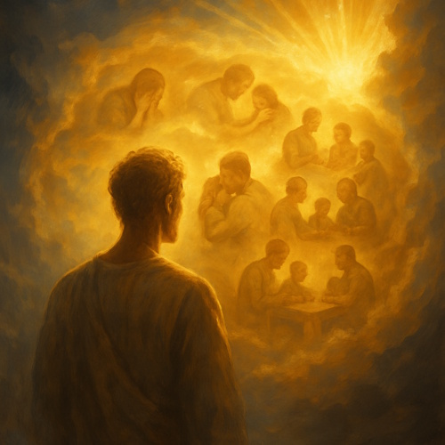 A luminous figure watching moments of their life unfold in golden light.