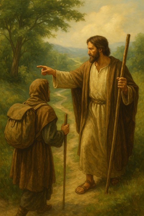 A guide with a staff pointing the way for a pilgrim on a winding path through green hills.