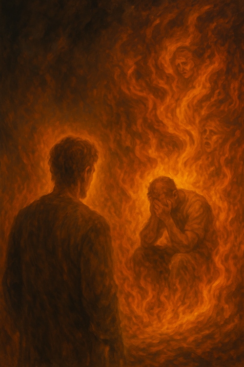 A sorrowful figure surrounded by flames symbolizing inner judgment.