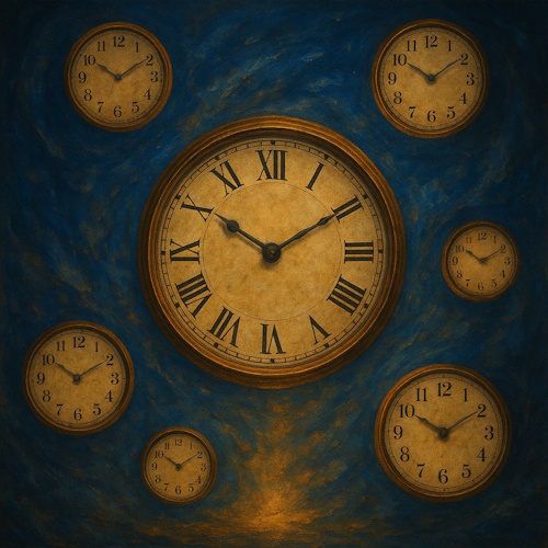 Multiple antique clocks floating in a cosmic sky.