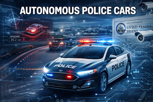 Autonomous police car with flashing lights driving at night, surrounded by digital tracking interfaces, surveillance cameras and patent imagery symbolizing AI-driven law enforcement and traffic monitoring.
