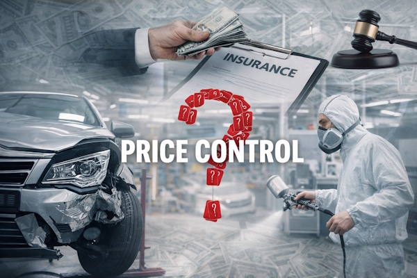 Damaged car in repair shop with painter spraying vehicle, insurance contract and money in background symbolizing insurance price control in the automotive repair industry.