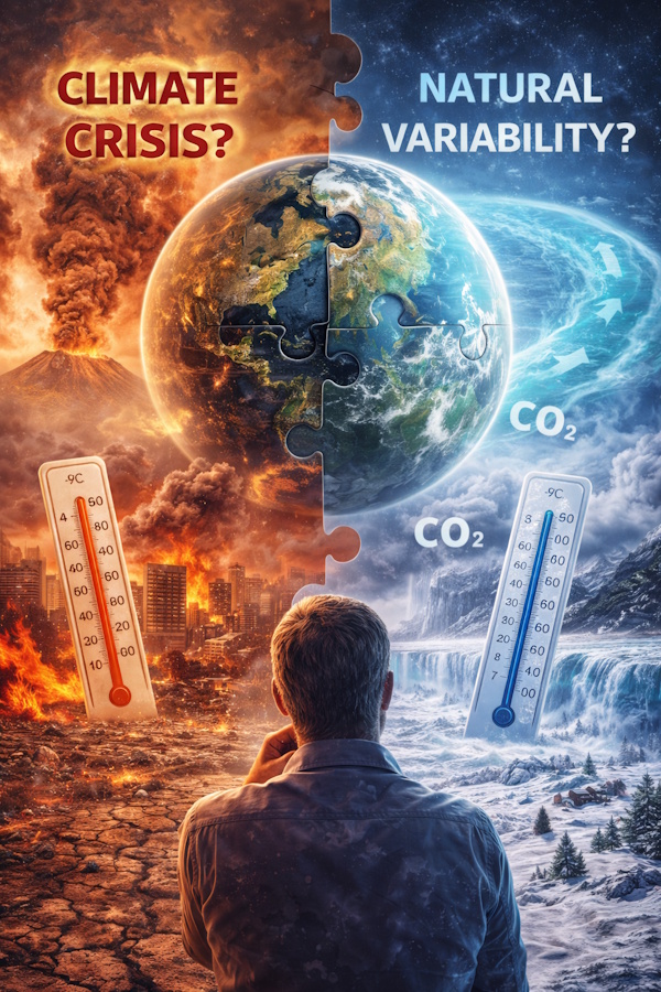 Split illustration showing Earth divided between extreme heat and freezing cold, symbolizing the debate between climate crisis and natural climate variability, with CO₂ references and atmospheric dynamics in the background.