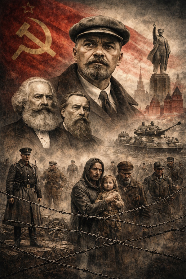 Dramatic historical collage depicting Lenin, Marx, and Engels against a Soviet flag, with Red Square, soldiers, barbed wire, and civilians symbolizing the legacy of communism and centralized power.