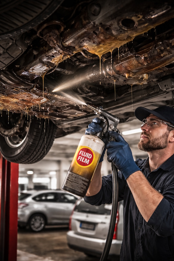 Mechanic applying lanolin-based rust protection to a vehicle undercarriage, highlighting penetration into cavities and long-term corrosion prevention.