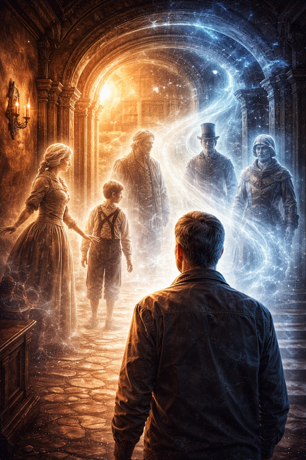 Symbolic illustration of overlapping timelines with a modern figure encountering historical silhouettes in a dimly lit historic interior, representing paranormal experiences and time crossing.