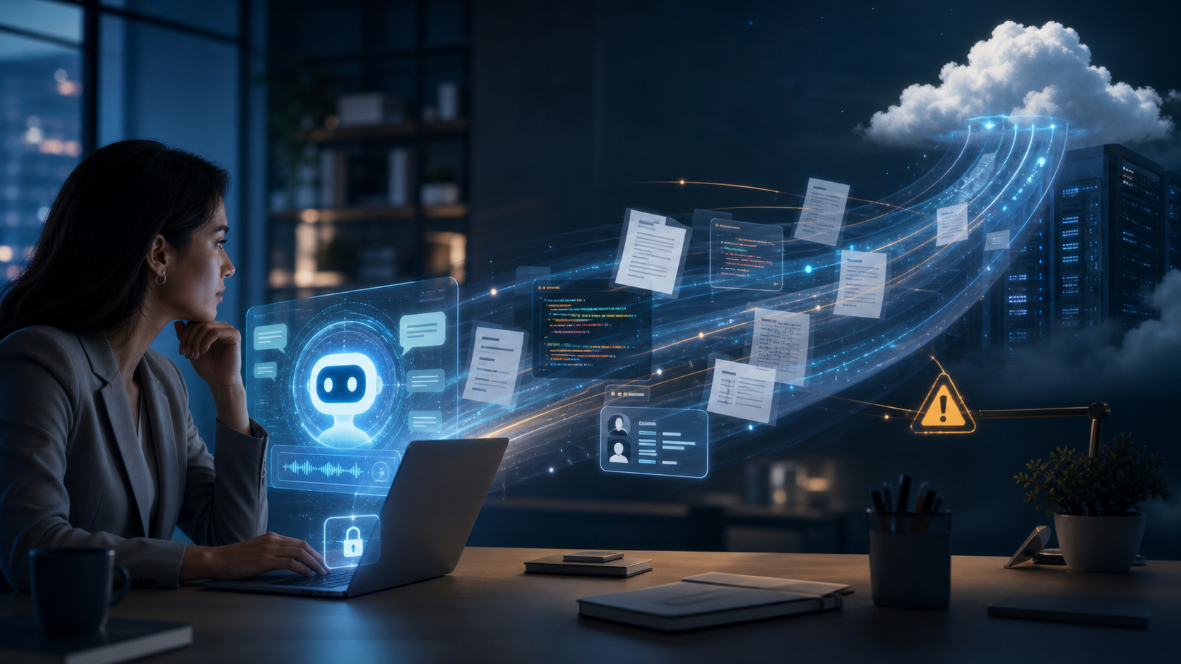 A business user looking at an AI assistant while documents and data streams flow toward cloud servers in the distance.