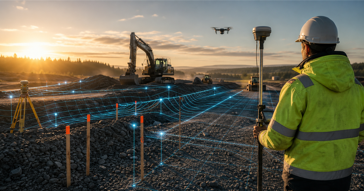 Construction site with survey equipment, stakes and subtle digital coordinate lines over the terrain.