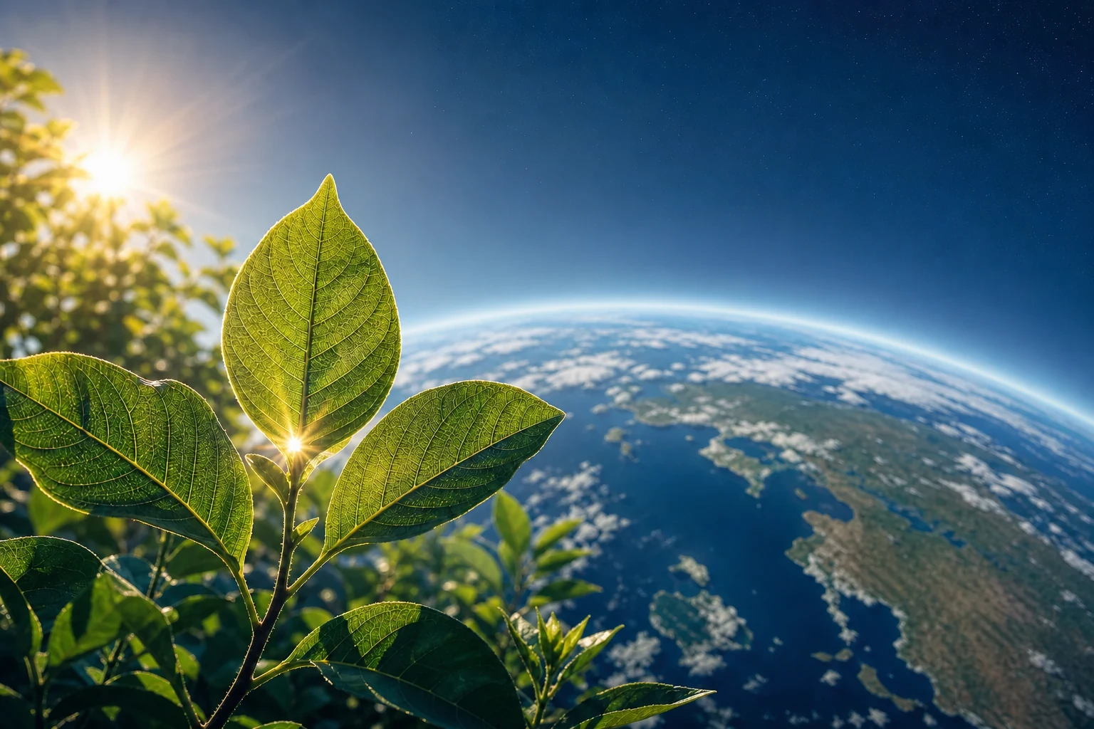 Green leaves in front of Earth and its atmosphere, illustrating the dual role of carbon dioxide in plant growth and climate.