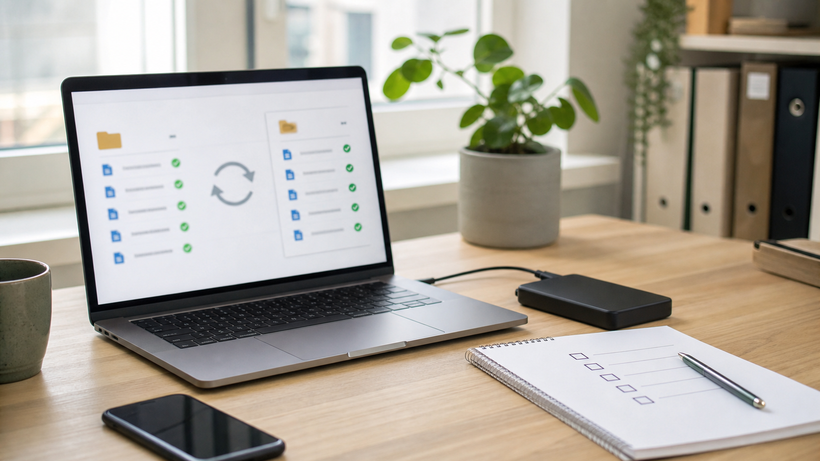 Laptop med filsynkronisering, ekstern disk og sjekkliste for backup.