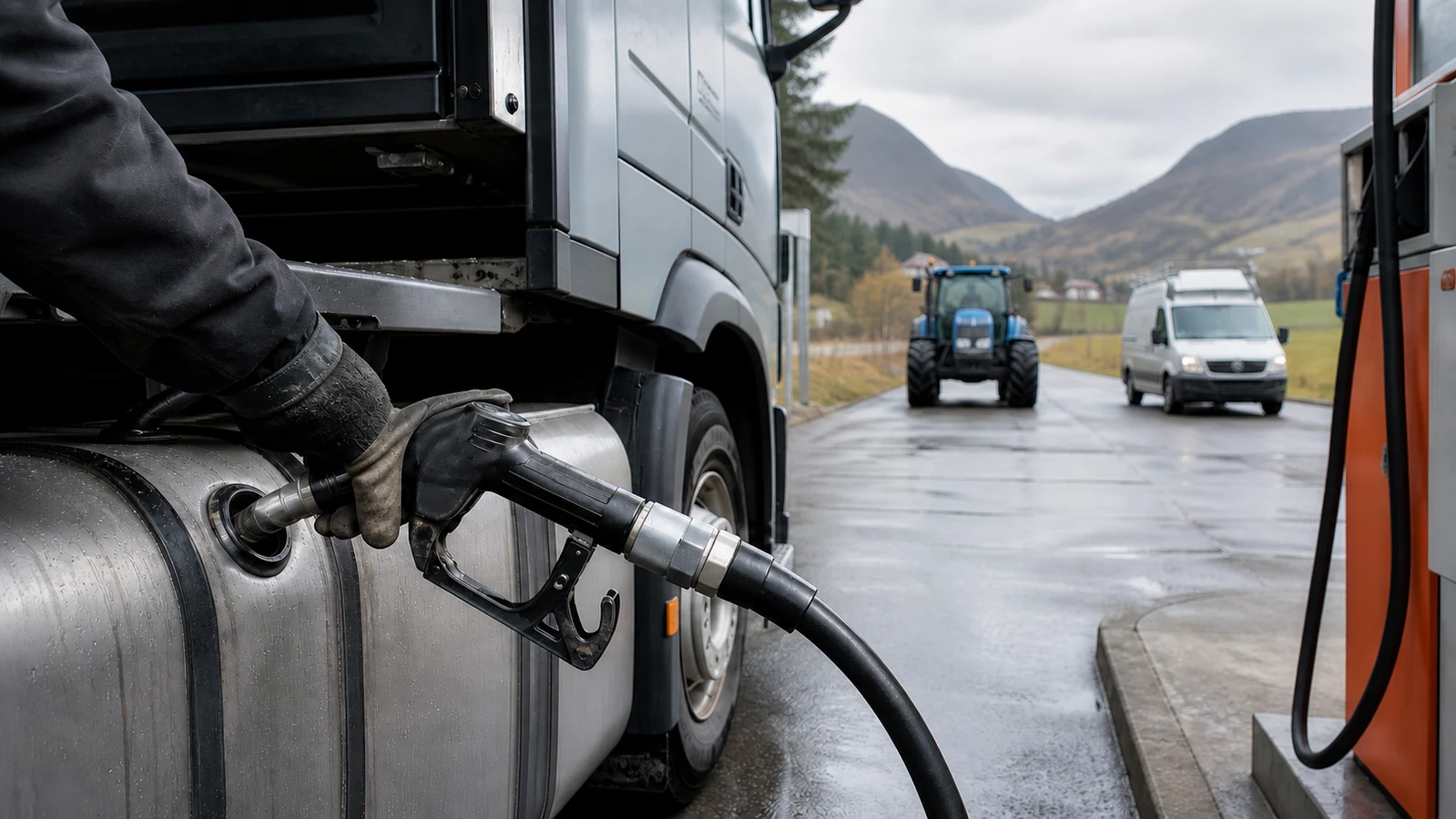 En lastebil fylles med diesel ved en norsk landevei, med traktor og varebil i bakgrunnen