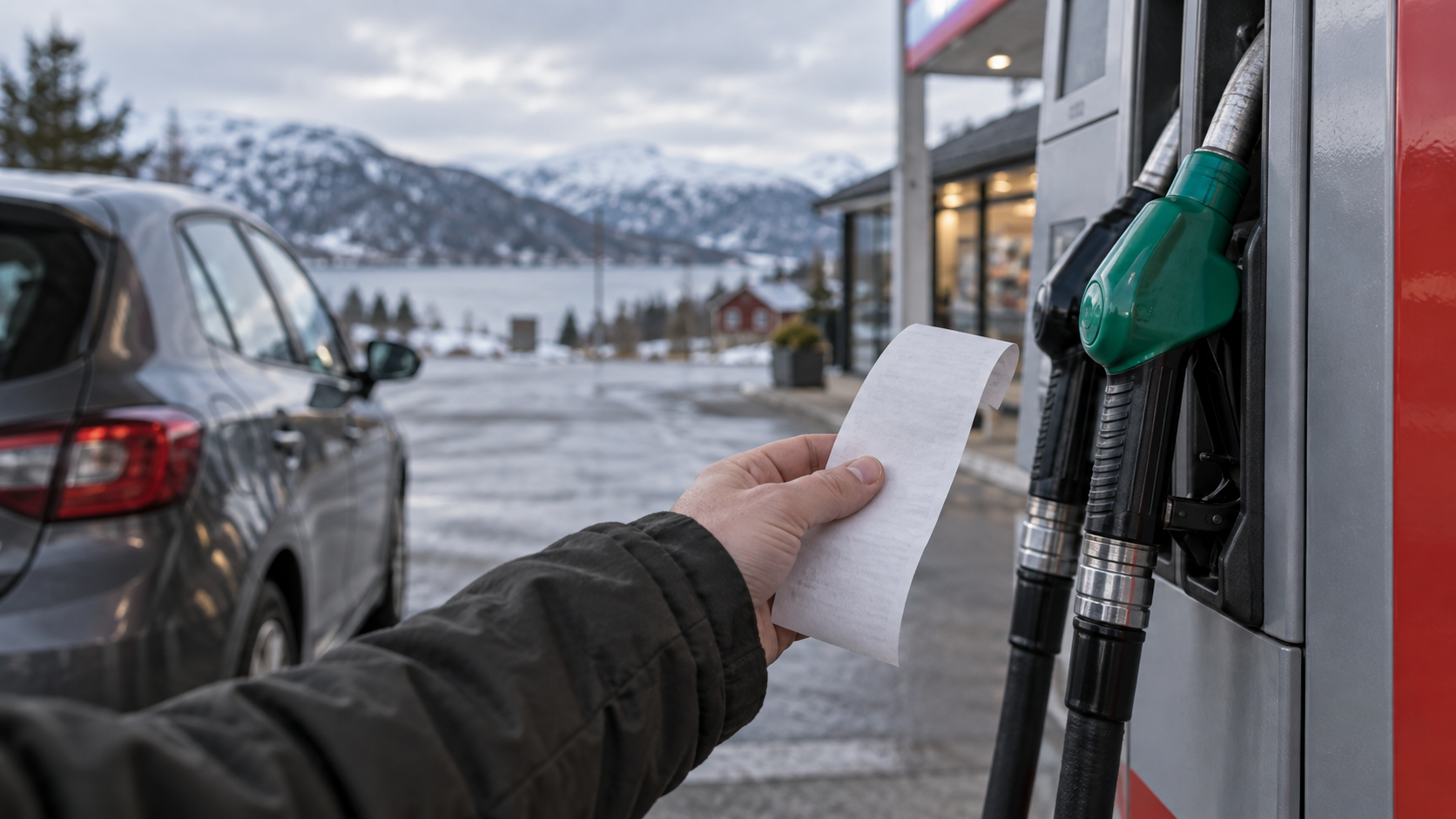 Bilist med drivstoffkvittering ved en bensinpumpe i norsk vinterlandskap