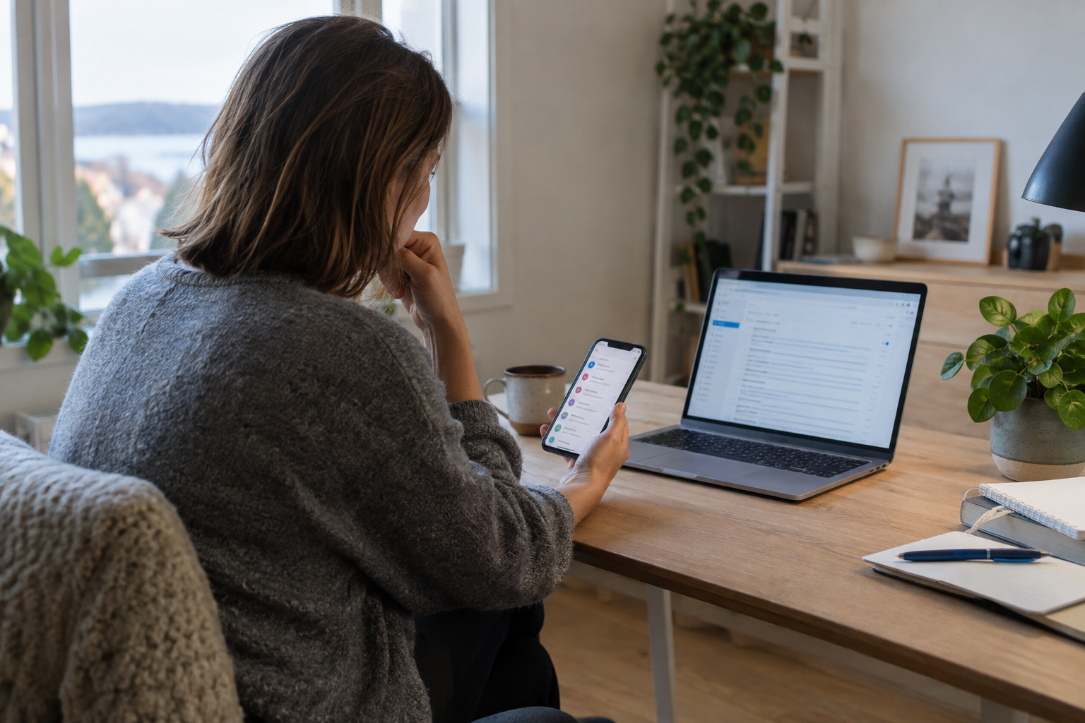 Arbeidstaker vurderer privat e-post på mobilen ved siden av bedriftens e-post på en bærbar PC