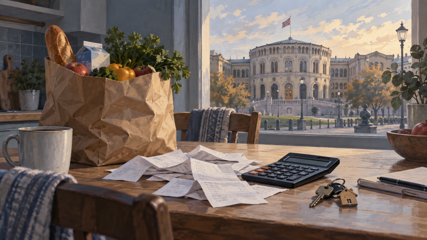 Illustrasjon av handlepose, kvitteringer og kalkulator på et kjøkkenbord, med Stortinget i bakgrunnen.