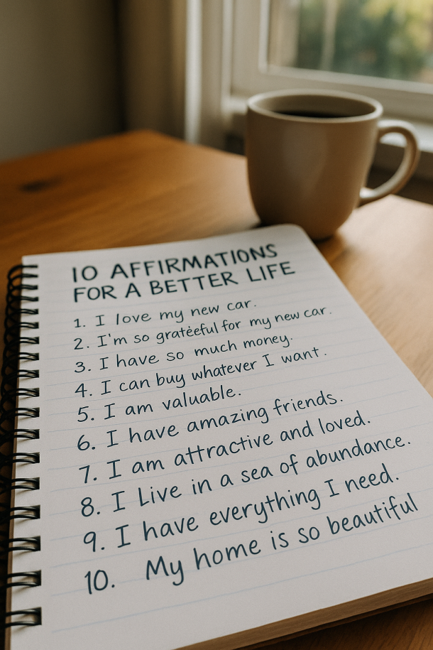 0 affirmations for a better life written in a notebook