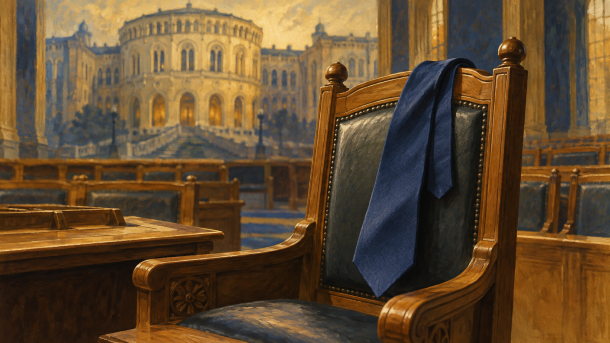 Illustrasjon av en tom stol med et blått slips foran Stortinget.