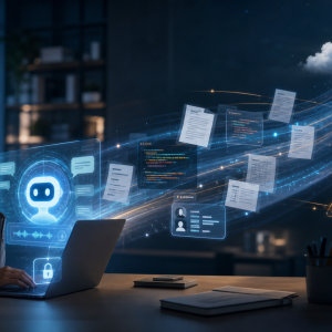A business user looking at an AI assistant while documents and data streams flow toward cloud servers in the distance.