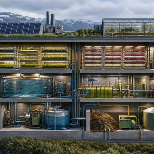 A futuristic vertical food infrastructure building with plant racks, fish tanks, algae systems and circular resource flows.