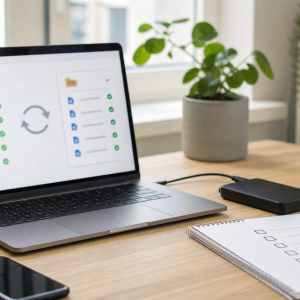 Laptop med filsynkronisering, ekstern disk og sjekkliste for backup.