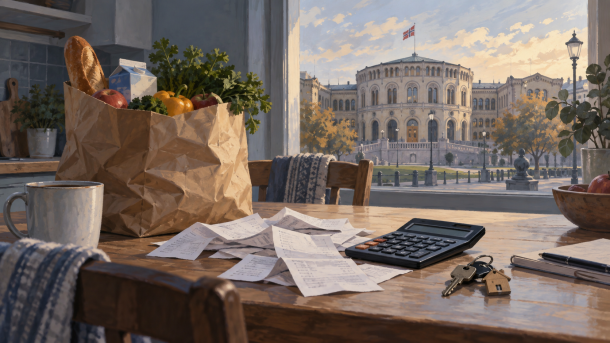 Illustrasjon av handlepose, kvitteringer og kalkulator på et kjøkkenbord, med Stortinget i bakgrunnen.
