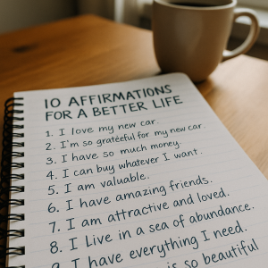 0 affirmations for a better life written in a notebook