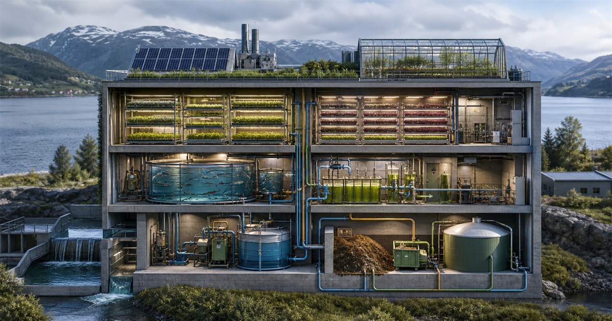 A futuristic vertical food infrastructure building with plant racks, fish tanks, algae systems and circular resource flows.