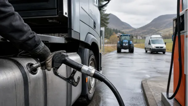 En lastebil fylles med diesel ved en norsk landevei, med traktor og varebil i bakgrunnen