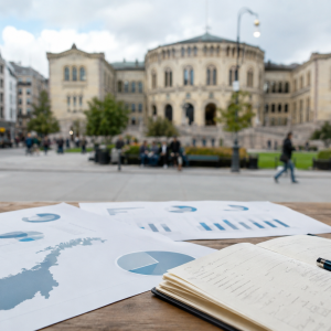 Statistikk og notater om innvandring foran Stortinget i Oslo